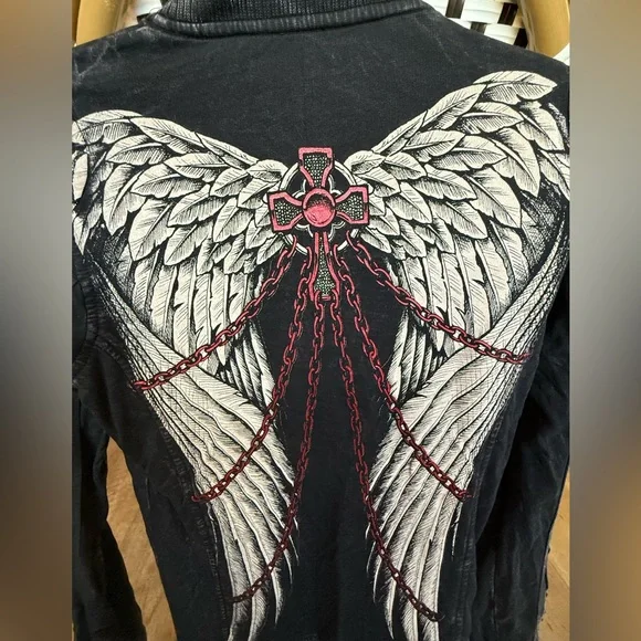 Vintage Y2K Affliction + Sinful Black Women's Graphic Zip Up Jacket Size Small - Picture 5 of 6